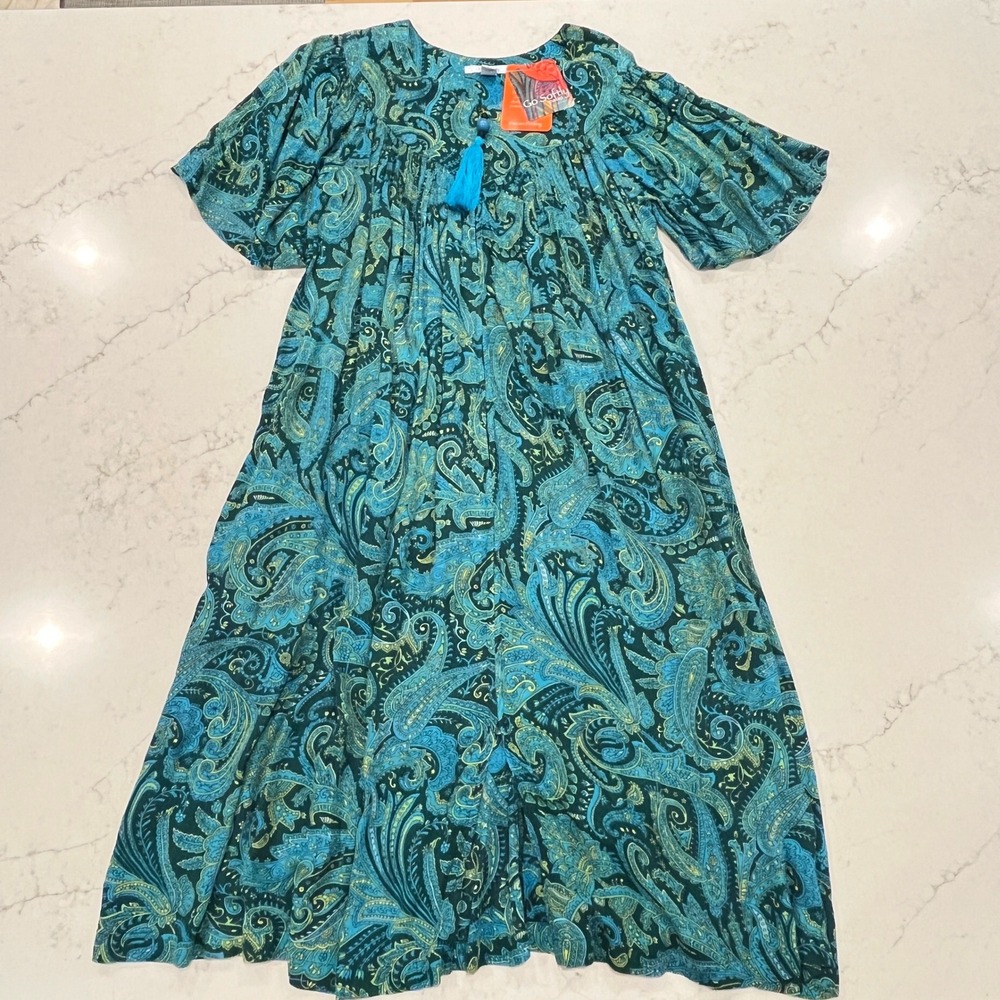 Go Softly Patio Dress Kaftan Robe Womens M Teal Paisley Rayon Full Zip Flowy NEW